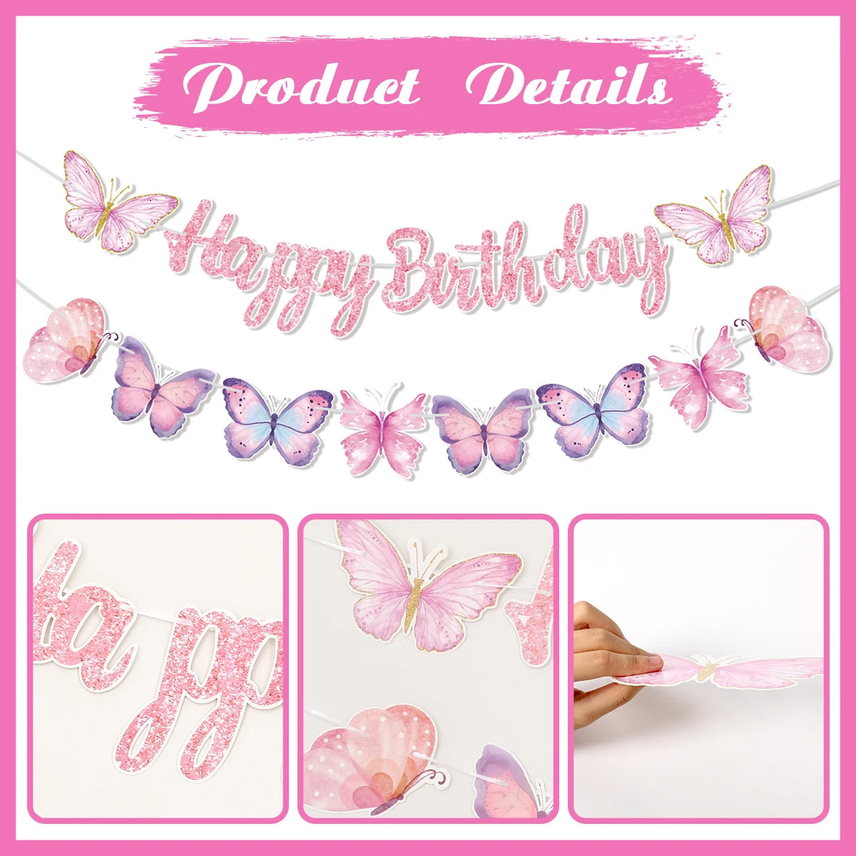 Pink Happy Birthday Banner — Butterfly & Pendant Garland Party Decoration