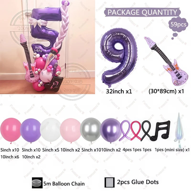 32" Guitar-Shaped Number Balloon Set | 59-Piece Music Birthday Décor | Plum