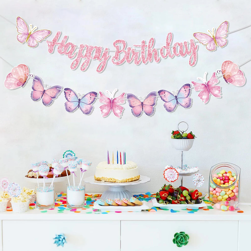 Pink Happy Birthday Banner — Butterfly & Pendant Garland Party Decoration