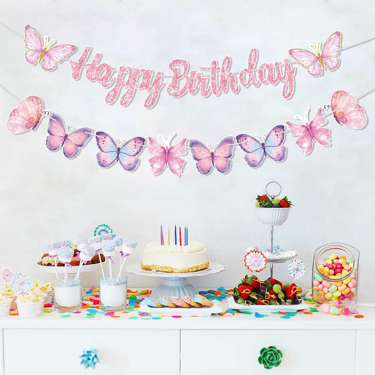 Pink Happy Birthday Banner — Butterfly & Pendant Garland Party Decoration