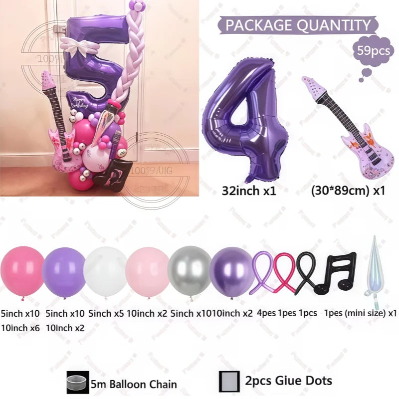 32" Guitar-Shaped Number Balloon Set | 59-Piece Music Birthday Décor | Plum