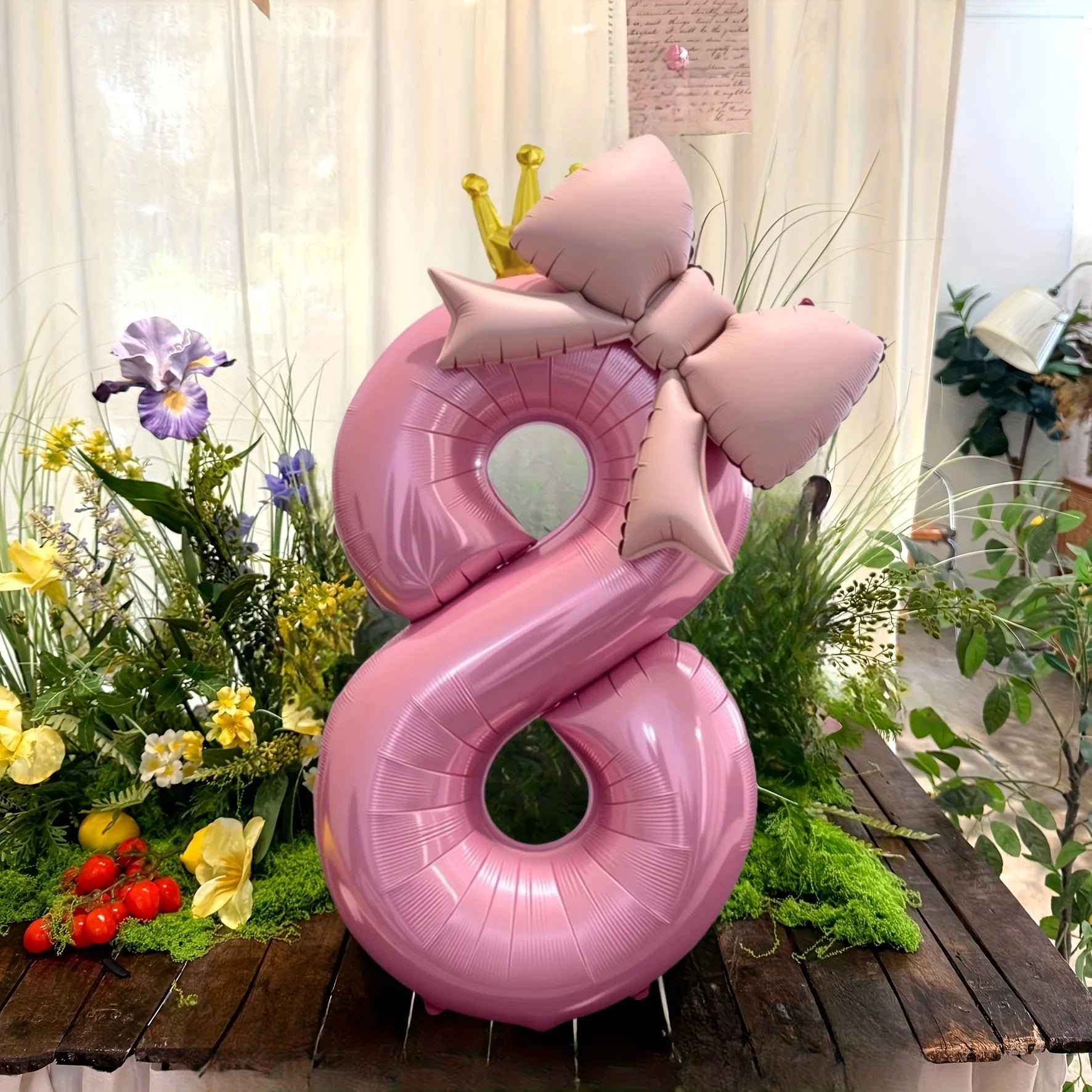 Pink Crown Number Foil Balloon with Bow – Birthday & Anniversary Decoration