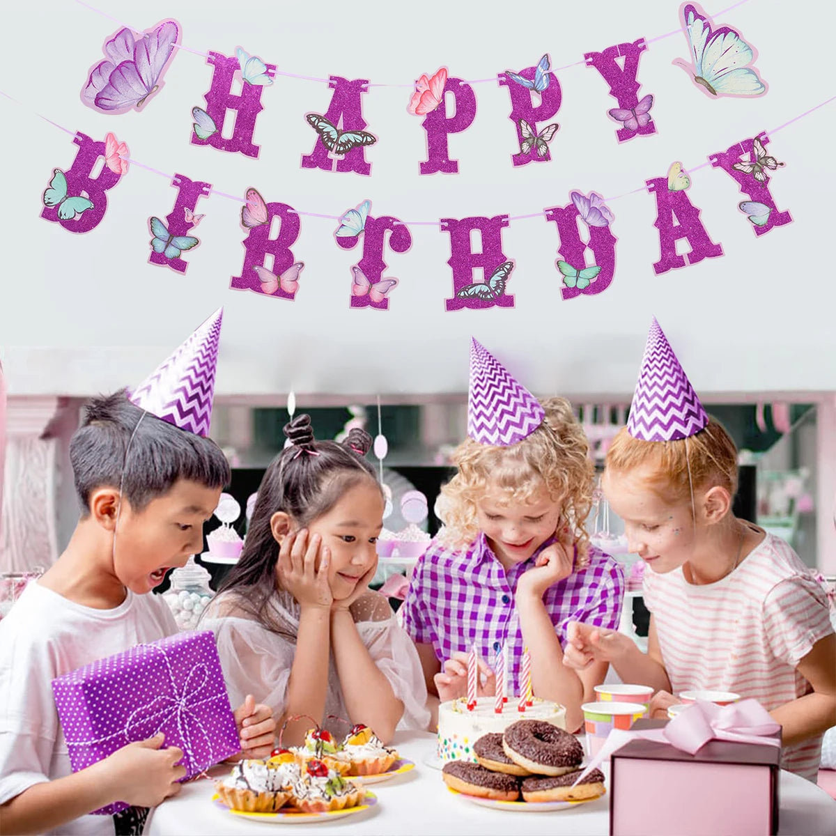 Pink Happy Birthday Banner — Butterfly & Pendant Garland Party Decoration