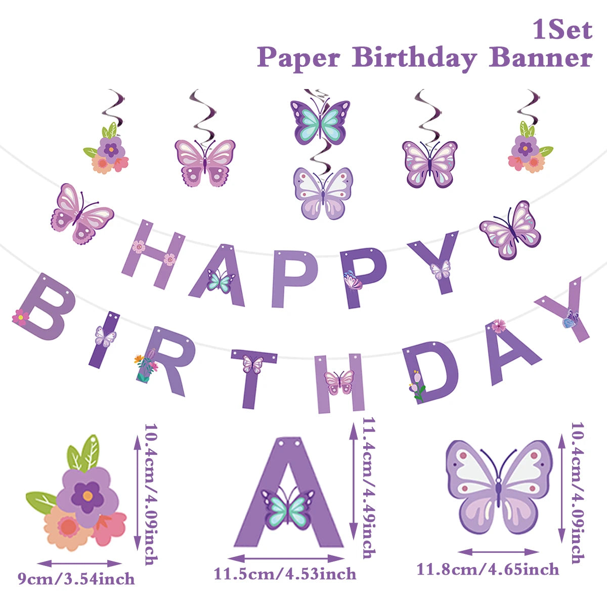 Pink Happy Birthday Banner — Butterfly & Pendant Garland Party Decoration