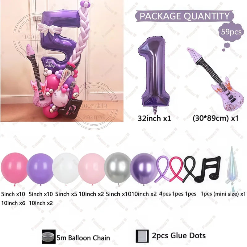 32" Guitar-Shaped Number Balloon Set | 59-Piece Music Birthday Décor | Plum