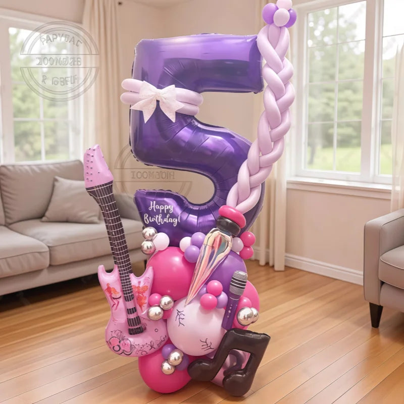 32" Guitar-Shaped Number Balloon Set | 59-Piece Music Birthday Décor | Plum