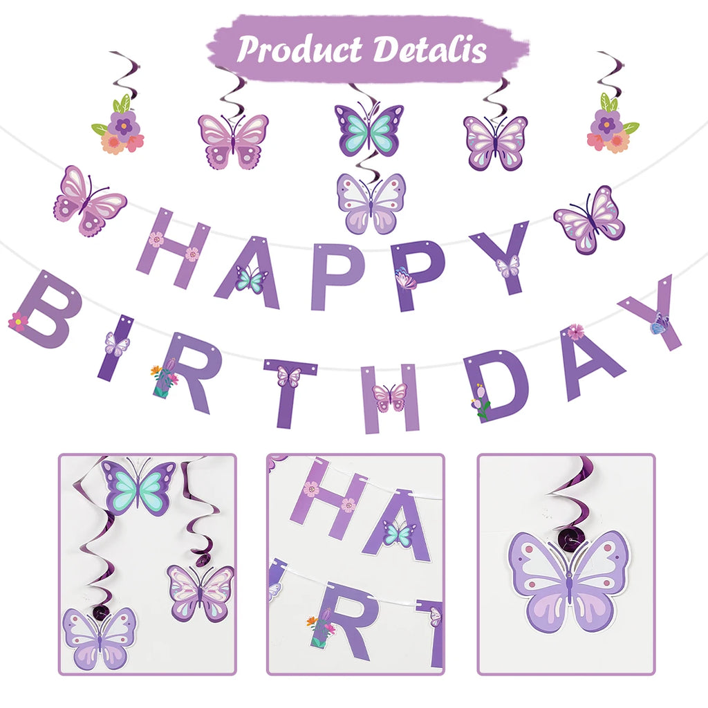 Pink Happy Birthday Banner — Butterfly & Pendant Garland Party Decoration