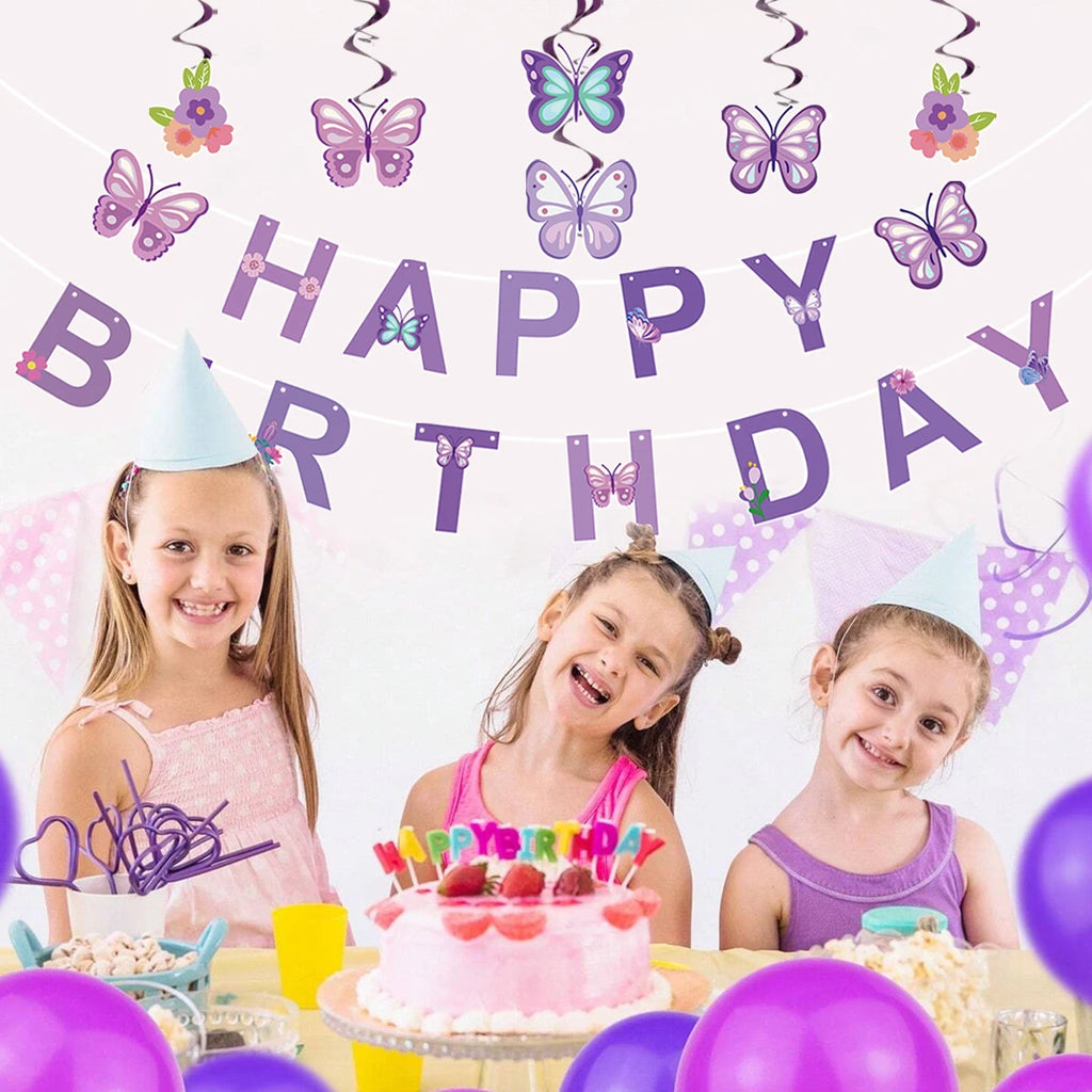 Pink Happy Birthday Banner — Butterfly & Pendant Garland Party Decoration