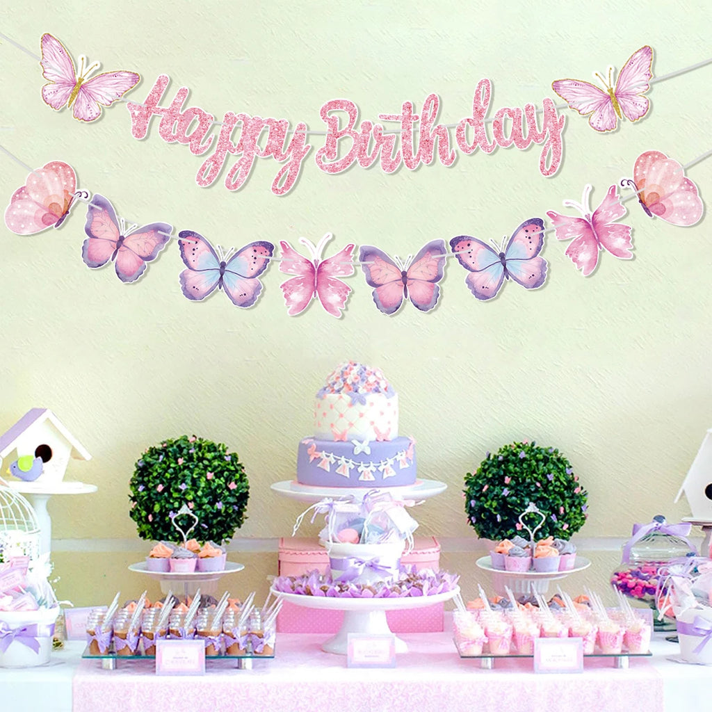 Pink Happy Birthday Banner — Butterfly & Pendant Garland Party Decoration