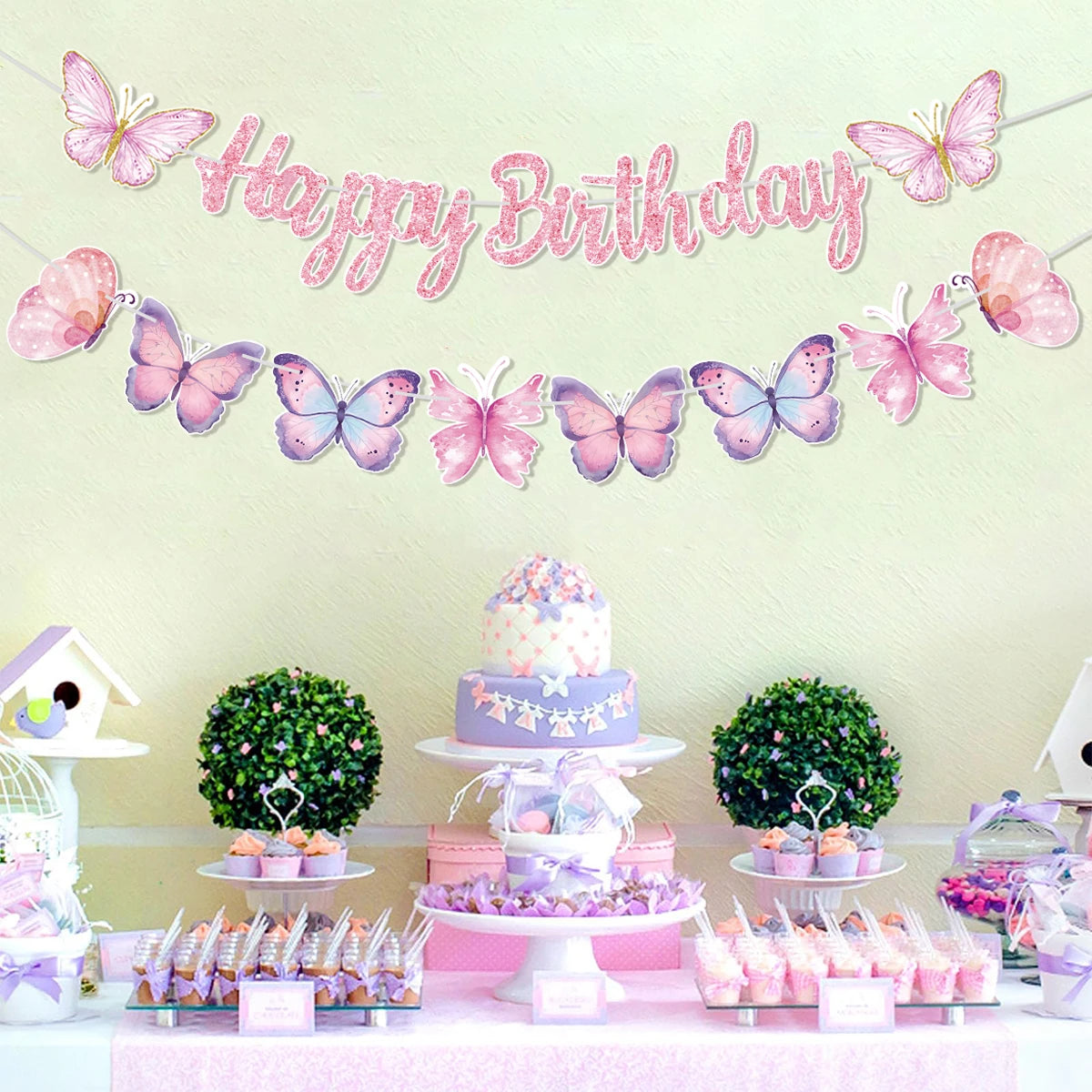 Pink Happy Birthday Banner — Butterfly & Pendant Garland Party Decoration