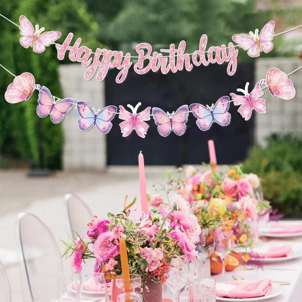 Pink Happy Birthday Banner — Butterfly & Pendant Garland Party Decoration