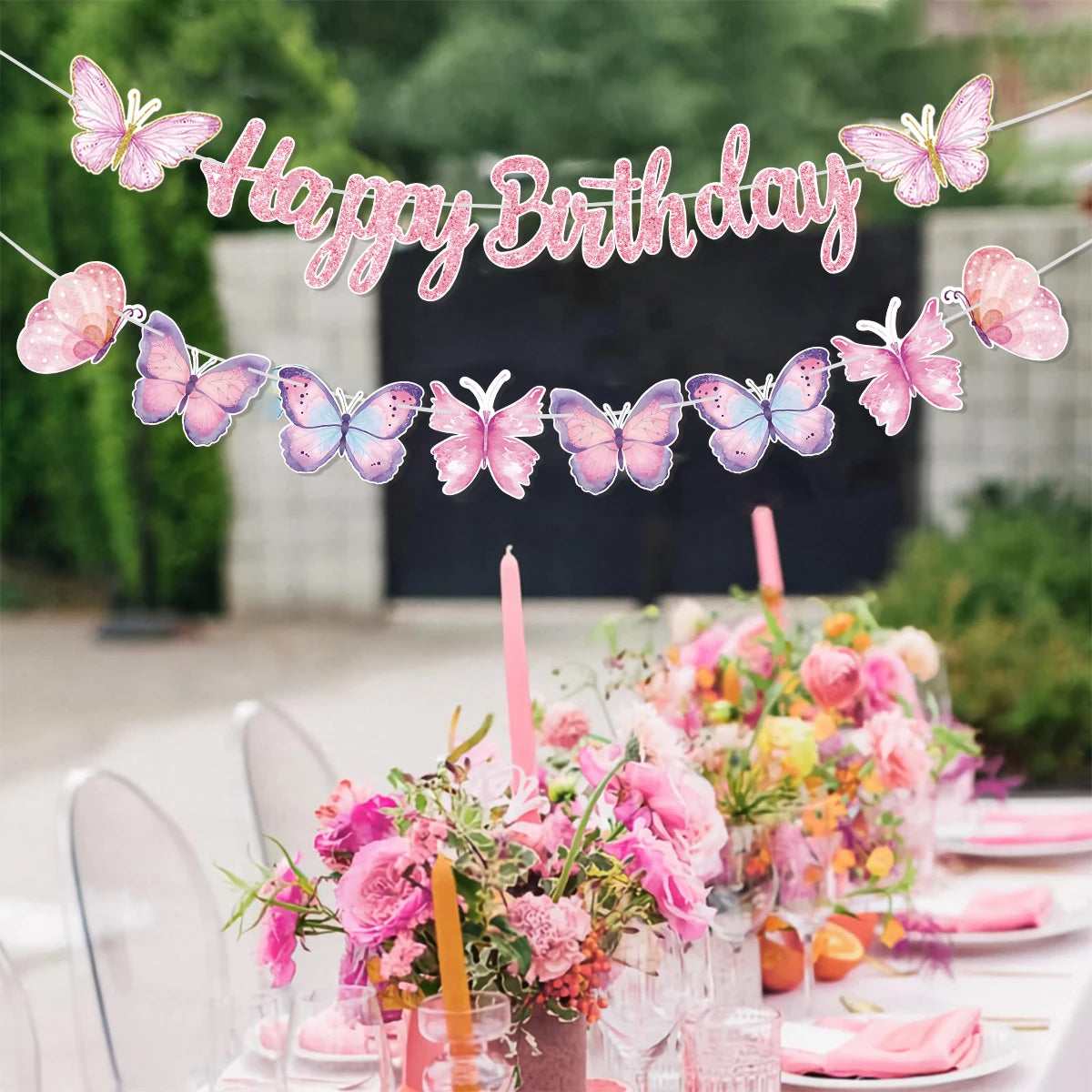 Pink Happy Birthday Banner — Butterfly & Pendant Garland Party Decoration
