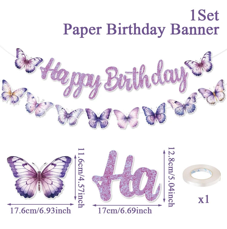 Pink Happy Birthday Banner — Butterfly & Pendant Garland Party Decoration