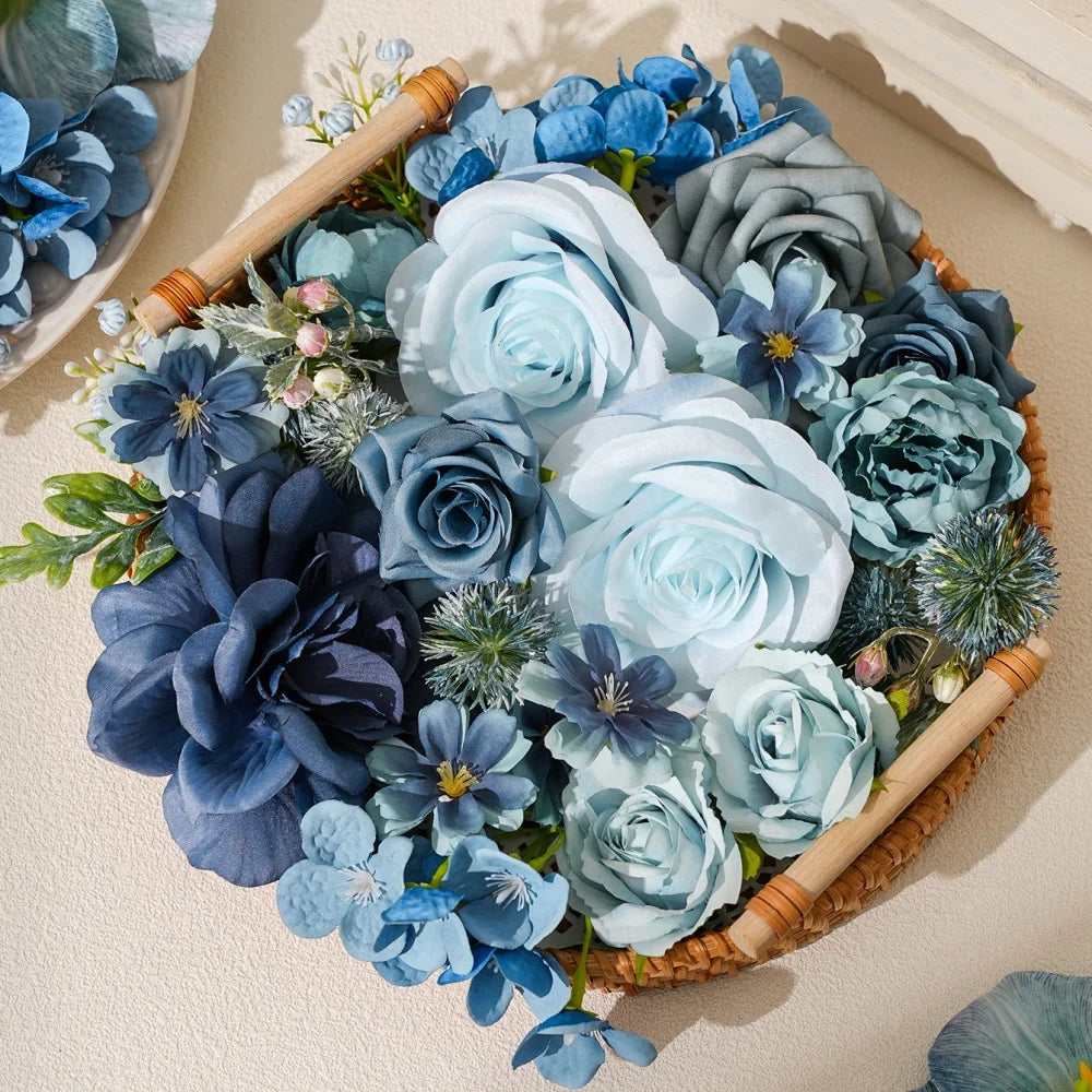 Blue Silk Artificial Flower Heads – 15 Pcs | Wedding, Home & Craft Decor