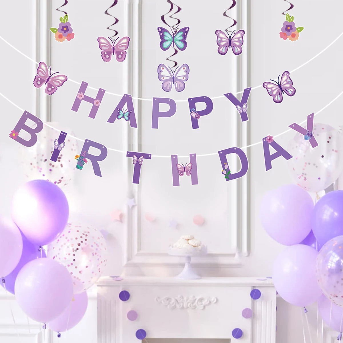 Pink Happy Birthday Banner — Butterfly & Pendant Garland Party Decoration
