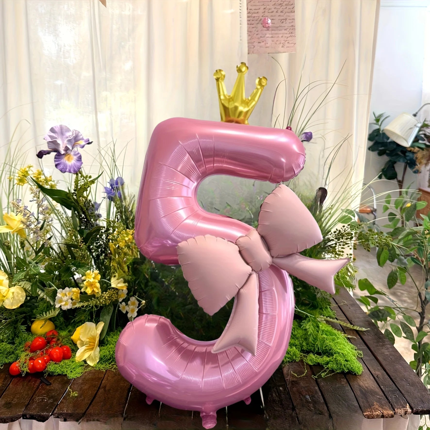 Pink Crown Number Foil Balloon with Bow – Birthday & Anniversary Decoration
