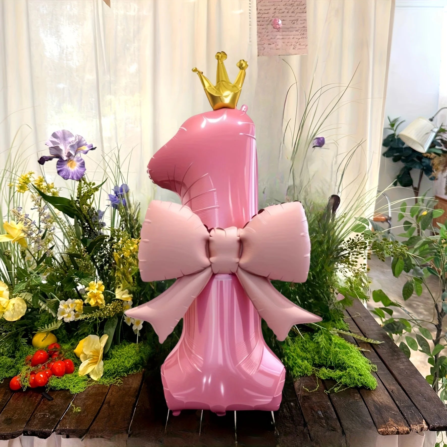 Pink Crown Number Foil Balloon with Bow – Birthday & Anniversary Decoration