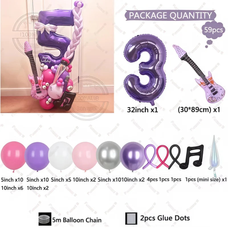 32" Guitar-Shaped Number Balloon Set | 59-Piece Music Birthday Décor | Plum