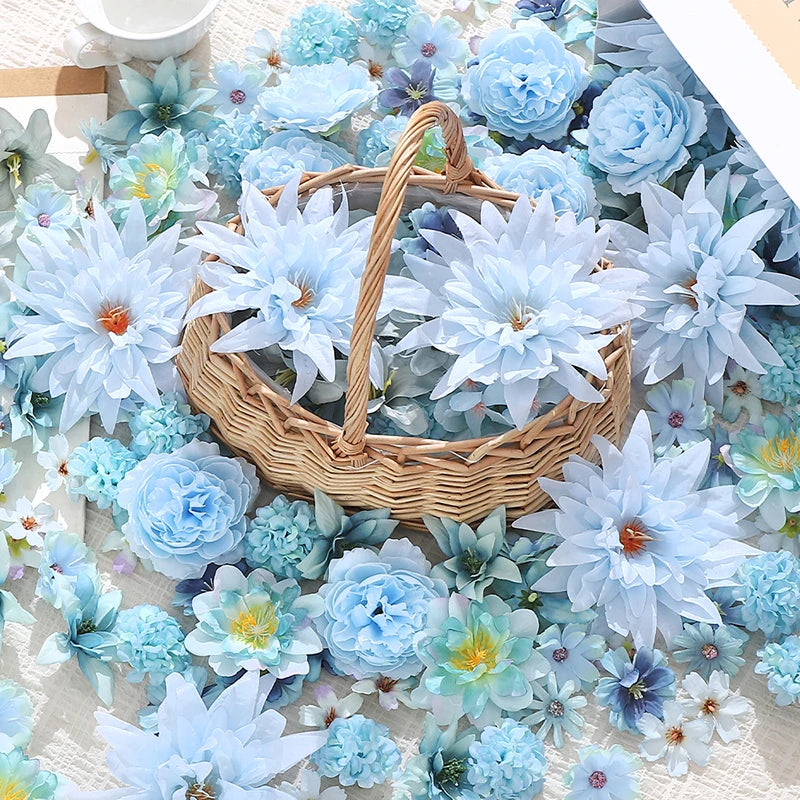 Blue Silk Artificial Rose Heads – 20 or 50 Pcs | Wedding & Party Decor