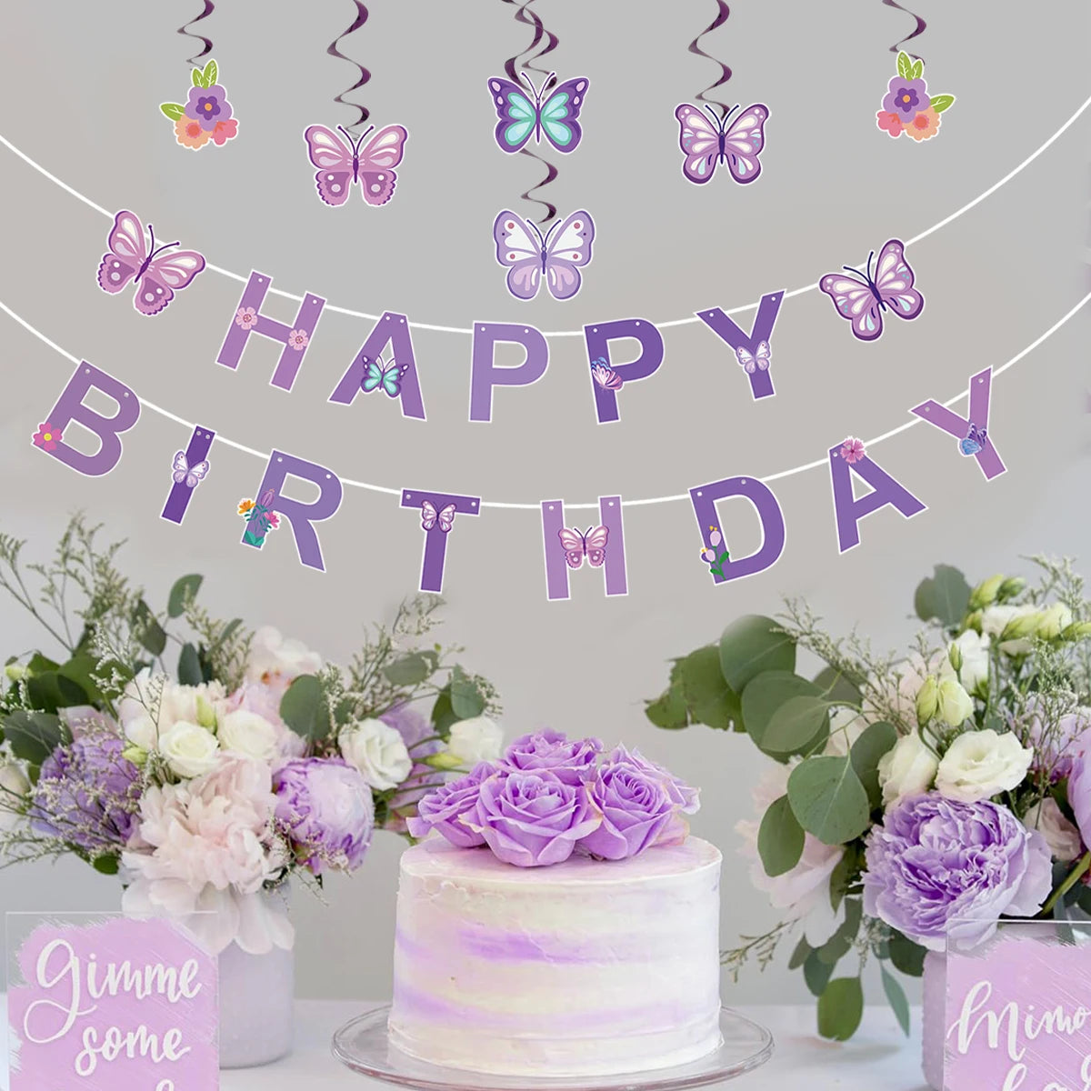 Pink Happy Birthday Banner — Butterfly & Pendant Garland Party Decoration