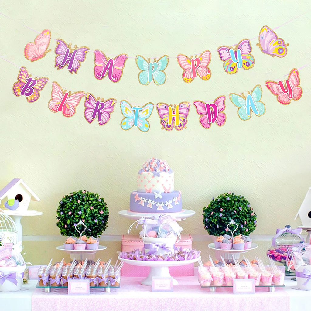 Pink Happy Birthday Banner — Butterfly & Pendant Garland Party Decoration