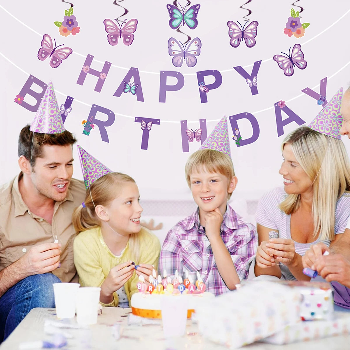 Pink Happy Birthday Banner — Butterfly & Pendant Garland Party Decoration