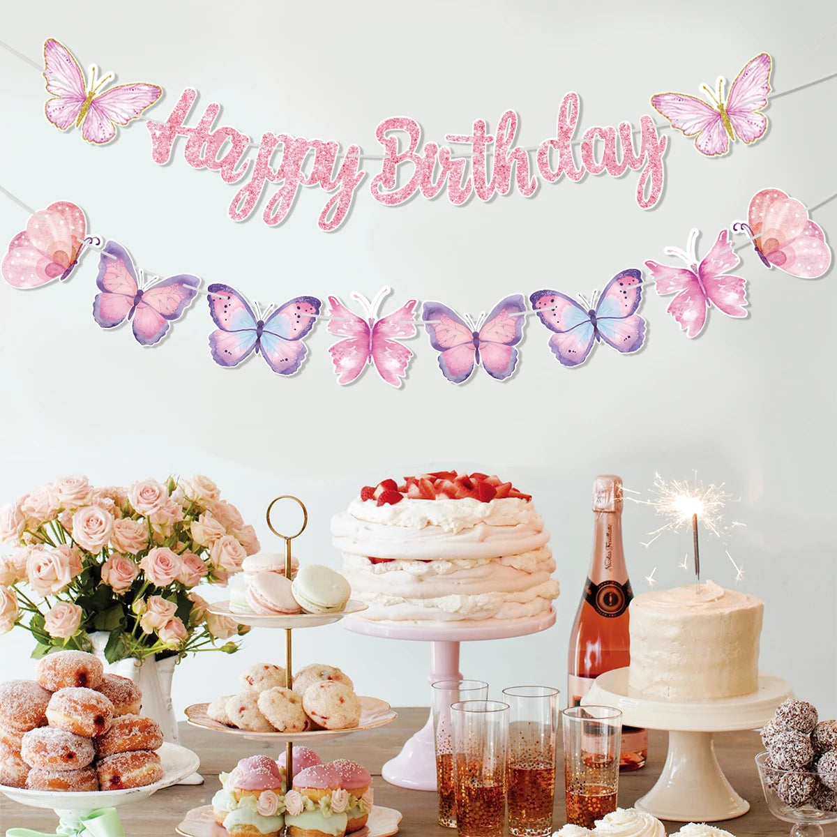 Pink Happy Birthday Banner — Butterfly & Pendant Garland Party Decoration