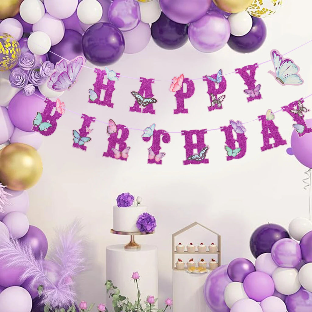 Pink Happy Birthday Banner — Butterfly & Pendant Garland Party Decoration