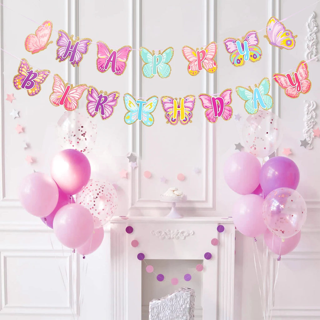 Pink Happy Birthday Banner — Butterfly & Pendant Garland Party Decoration