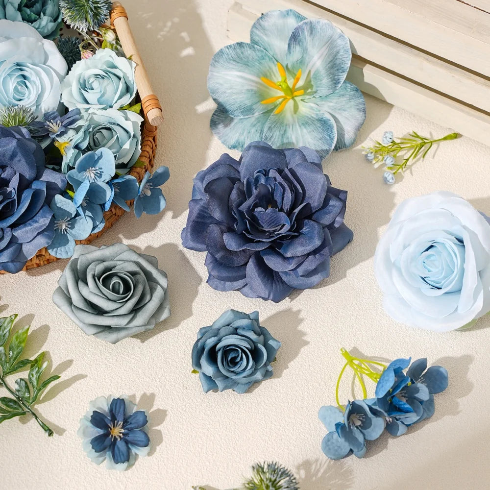 Blue Silk Artificial Flower Heads – 15 Pcs | Wedding, Home & Craft Decor