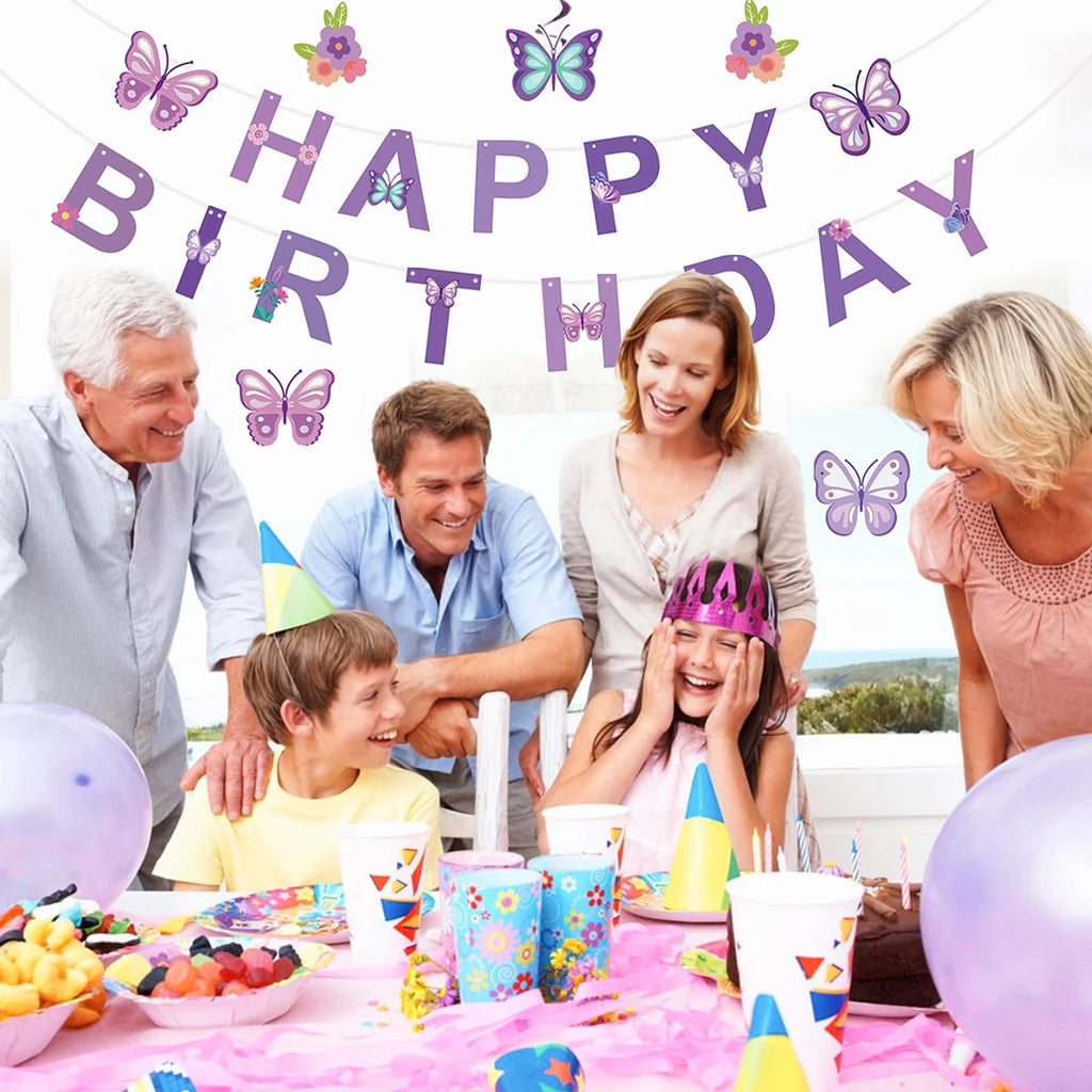Pink Happy Birthday Banner — Butterfly & Pendant Garland Party Decoration