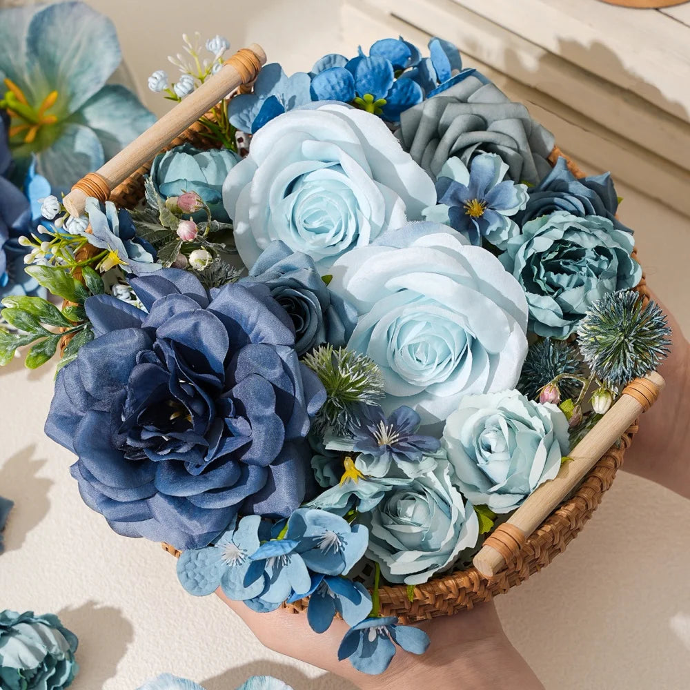 Blue Silk Artificial Flower Heads – 15 Pcs | Wedding, Home & Craft Decor
