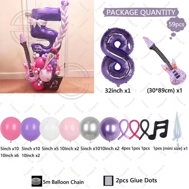 32" Guitar-Shaped Number Balloon Set | 59-Piece Music Birthday Décor | Plum