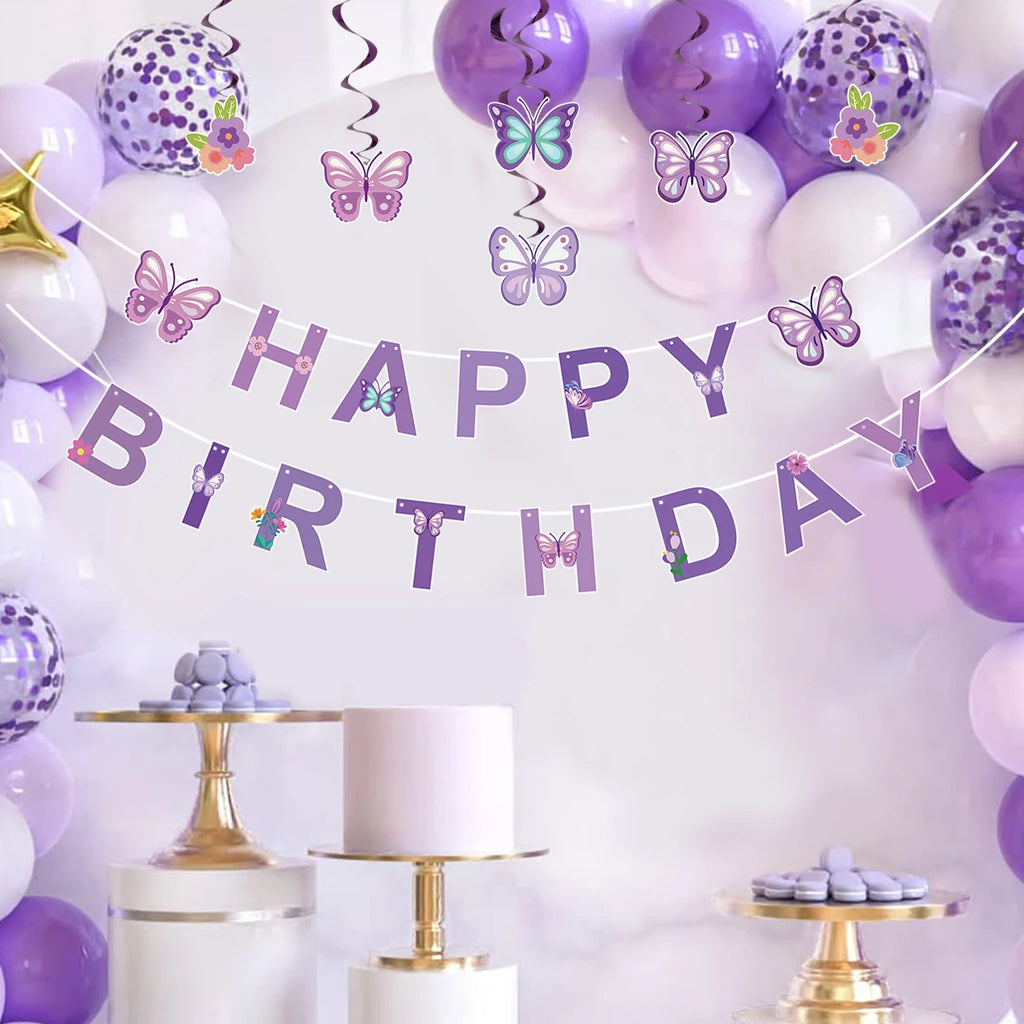 Pink Happy Birthday Banner — Butterfly & Pendant Garland Party Decoration