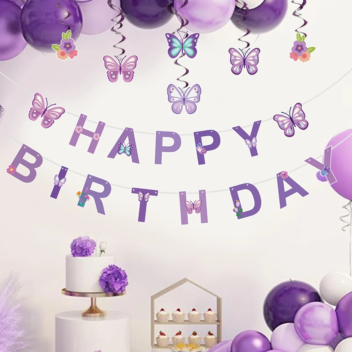 Pink Happy Birthday Banner — Butterfly & Pendant Garland Party Decoration