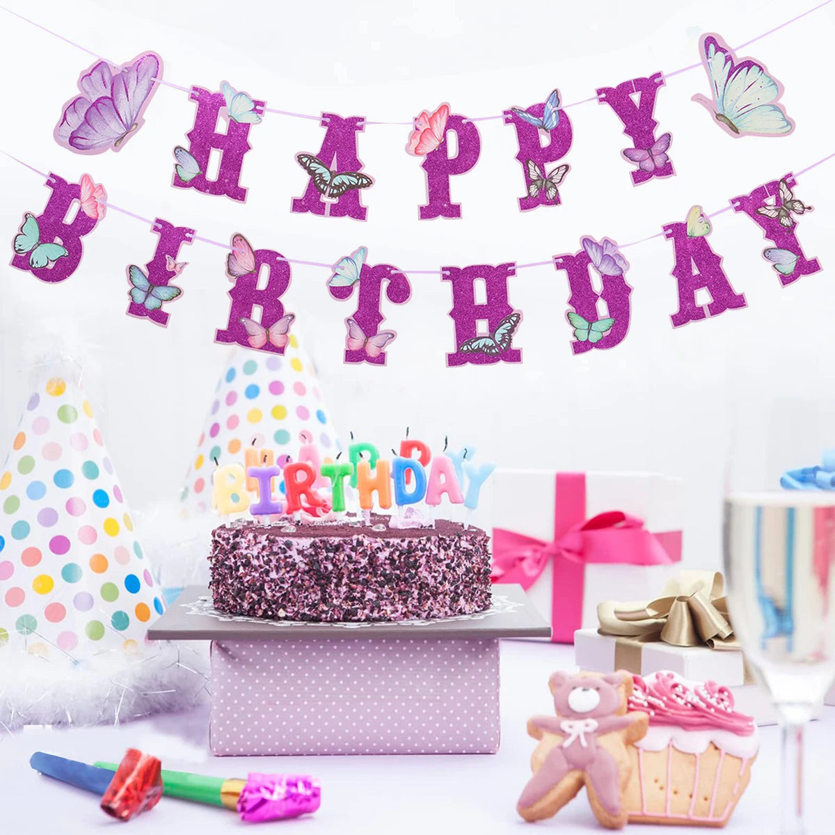 Pink Happy Birthday Banner — Butterfly & Pendant Garland Party Decoration