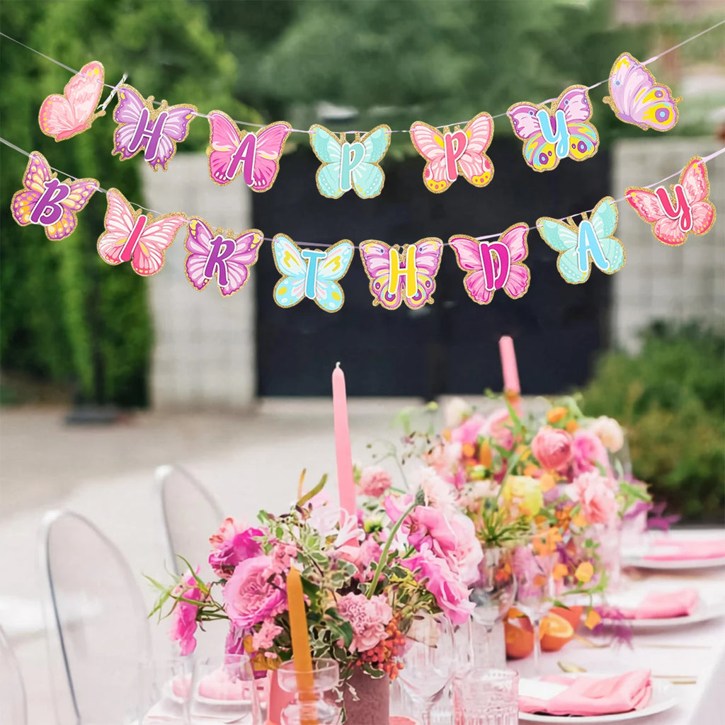 Pink Happy Birthday Banner — Butterfly & Pendant Garland Party Decoration