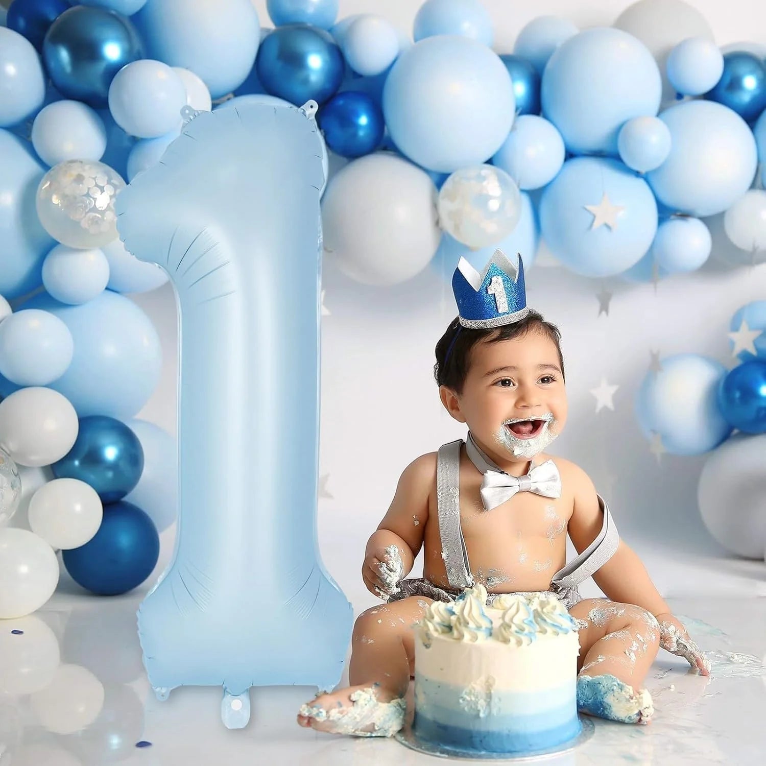 32" Retro Pastel Blue Number Foil Balloon (0–9) – Birthday & Baby Shower Decoration
