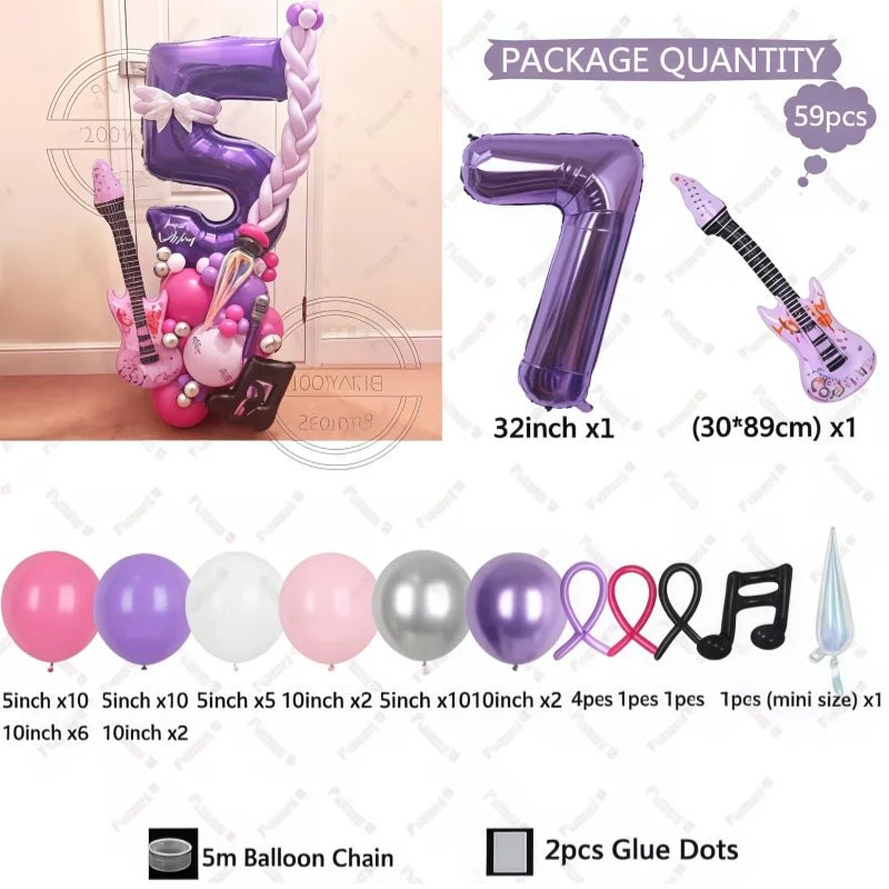 32" Guitar-Shaped Number Balloon Set | 59-Piece Music Birthday Décor | Plum