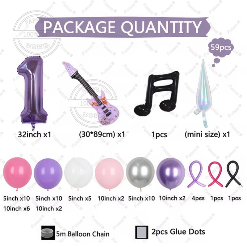 32" Guitar-Shaped Number Balloon Set | 59-Piece Music Birthday Décor | Plum