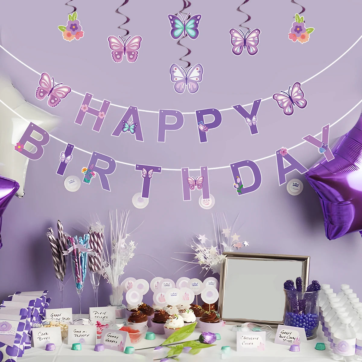 Pink Happy Birthday Banner — Butterfly & Pendant Garland Party Decoration