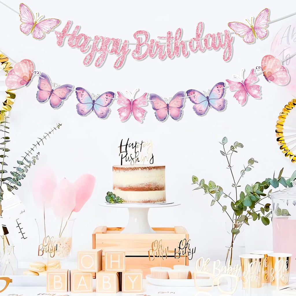Pink Happy Birthday Banner — Butterfly & Pendant Garland Party Decoration