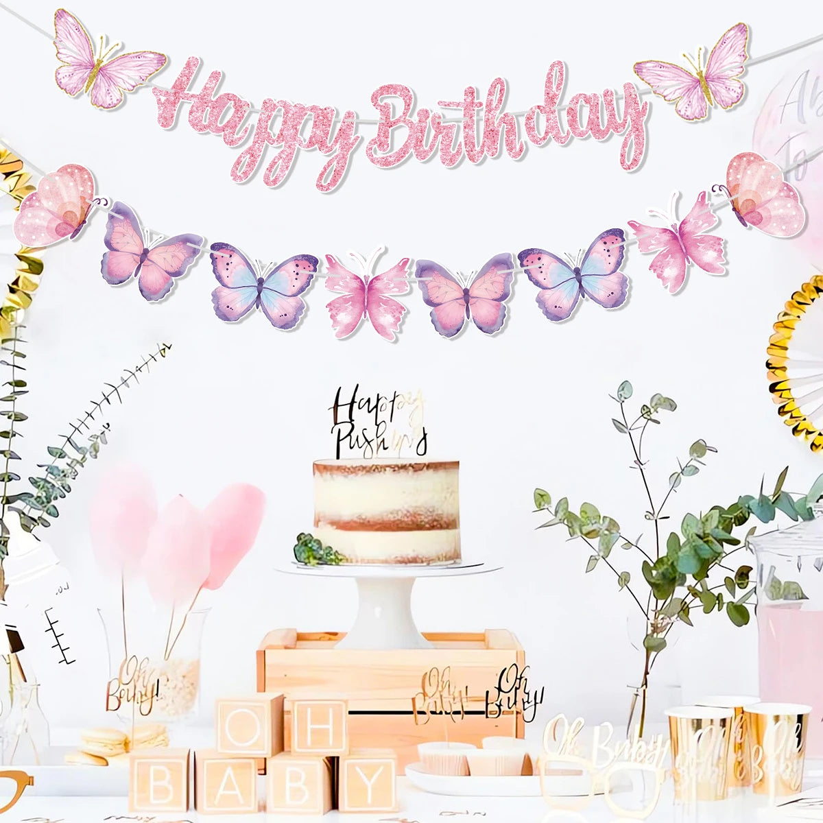 Pink Happy Birthday Banner — Butterfly & Pendant Garland Party Decoration