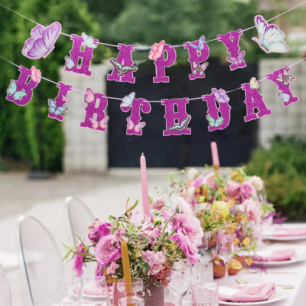 Pink Happy Birthday Banner — Butterfly & Pendant Garland Party Decoration