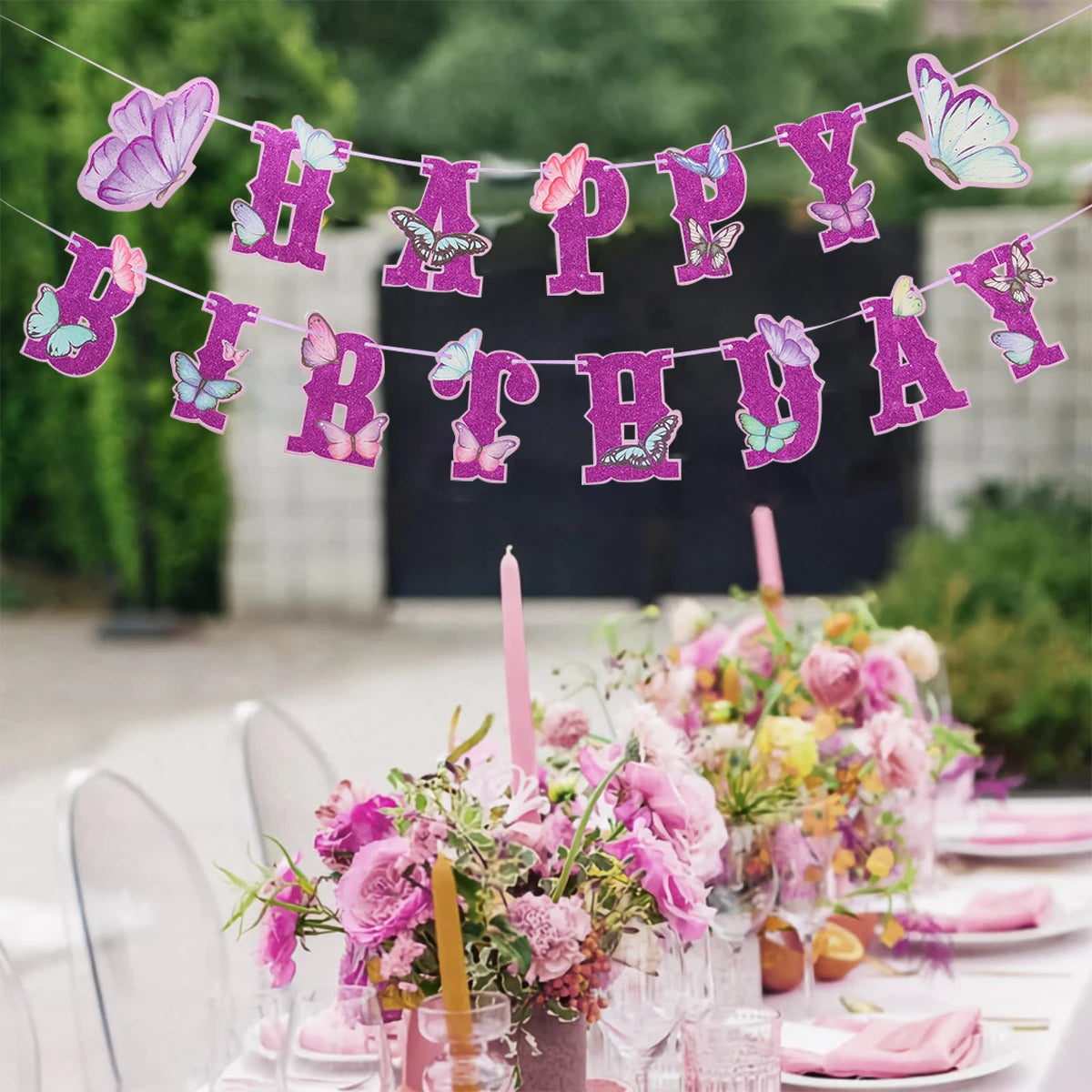 Pink Happy Birthday Banner — Butterfly & Pendant Garland Party Decoration