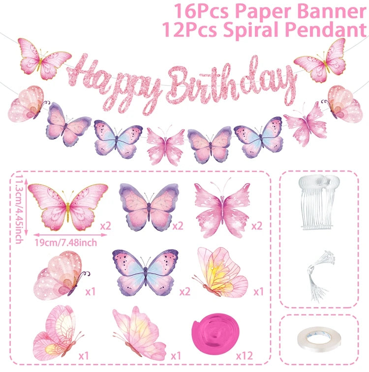 Pink Happy Birthday Banner — Butterfly & Pendant Garland Party Decoration