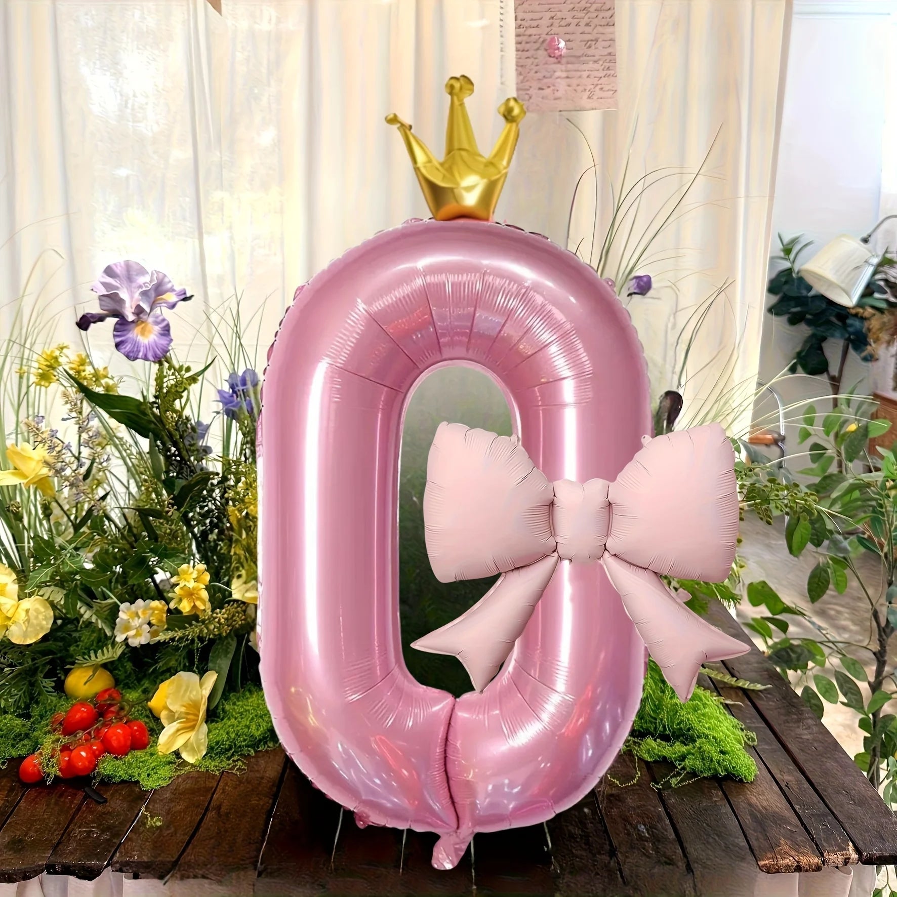 Pink Crown Number Foil Balloon with Bow – Birthday & Anniversary Decoration