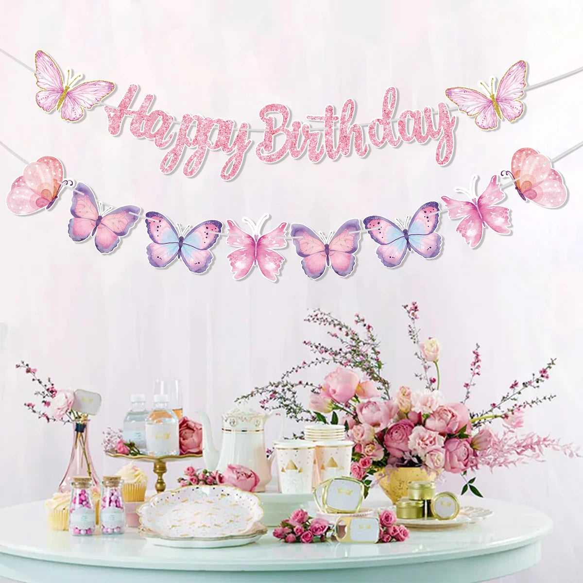 Pink Happy Birthday Banner — Butterfly & Pendant Garland Party Decoration