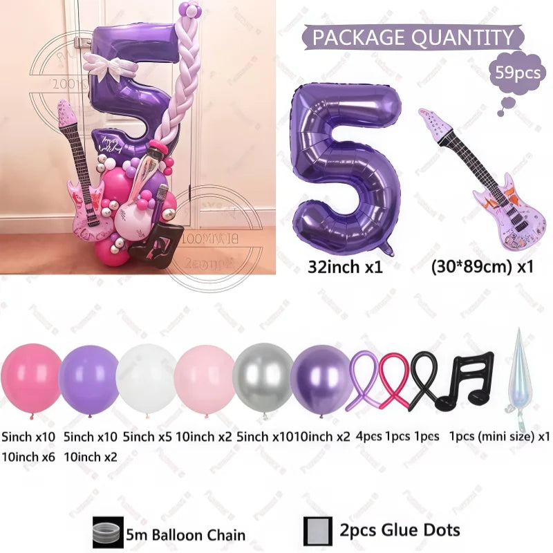 32" Guitar-Shaped Number Balloon Set | 59-Piece Music Birthday Décor | Plum