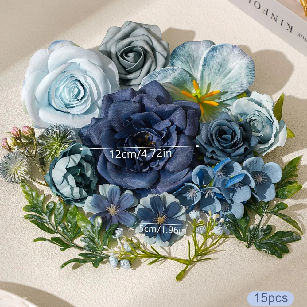 Blue Silk Artificial Flower Heads – 15 Pcs | Wedding, Home & Craft Decor